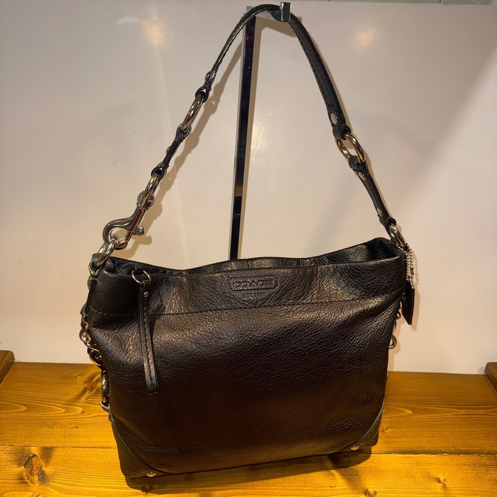 Coach Carly F15251 Black Pebbled Leather Shoulder Hobo Bag Purple Lining